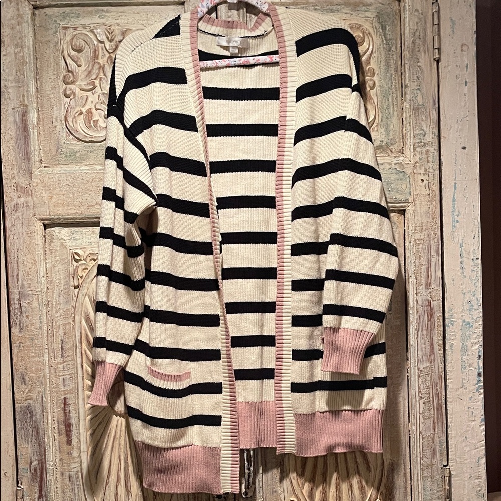 NWOT Anthropologie—“Flat White” Knit Striped Cardigan Sweater, XL
